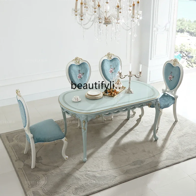 

A Pastoral Style Dining Table Blue European Oval 1.6M Dining Tables and Chairs Set Furniture