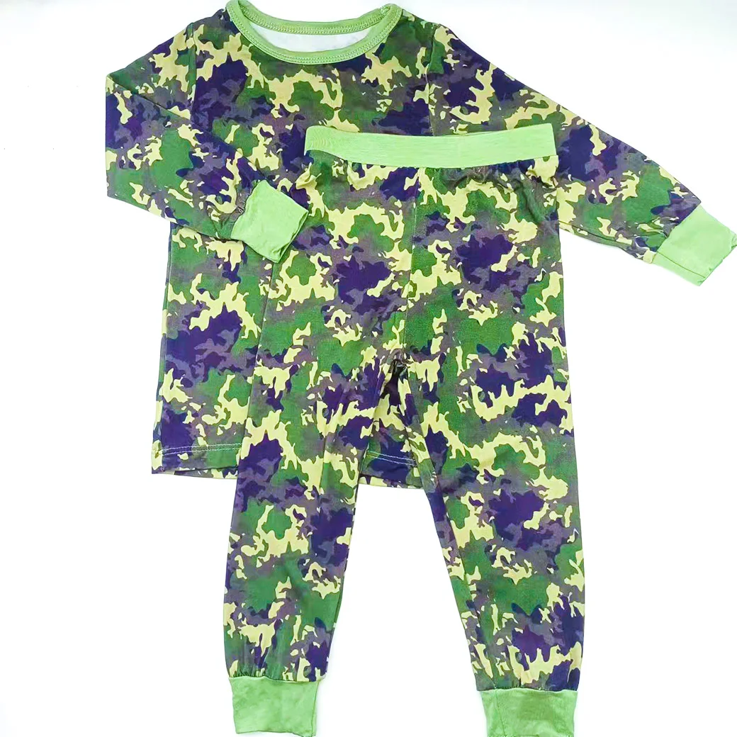 

2023 New Design Summer Long Sleeve Kids Boys O-Neck Bamboo Outfits Army Green Camouflage Clothing