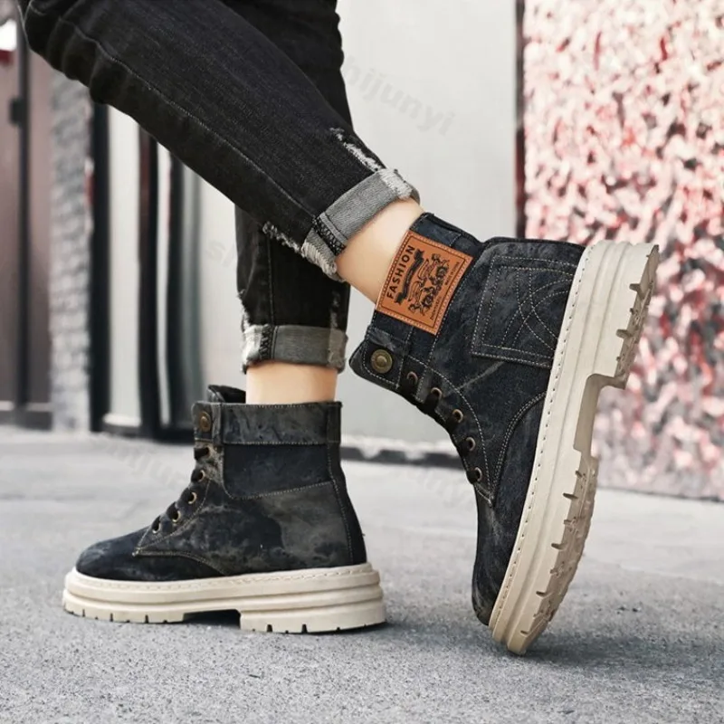 Retro-Denim-Casual-High-Top-Shorts-Stiefel mit dicken Sohlen für Herren, 2025, Herbst, britischer Stil, Mode, vielseitige, bequeme Stiefeletten