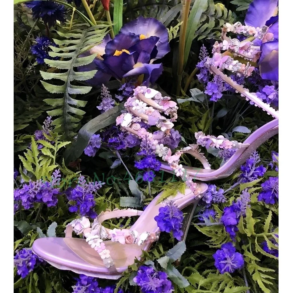 Flowers Snake Wrap Heels Sandals Women Sweet Gorgeous High Heel Bloom Sandals Light Purple Dress Shoes Summer Female Party Shoes