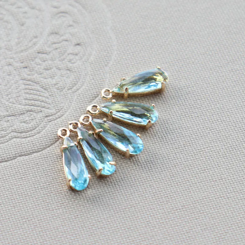 20pcs KC Gold Plated 4x10mm Faceted Blue Yellow Quality Glass Drops Teardrop Pendant Charms DIY Women Bridal Earrings Making