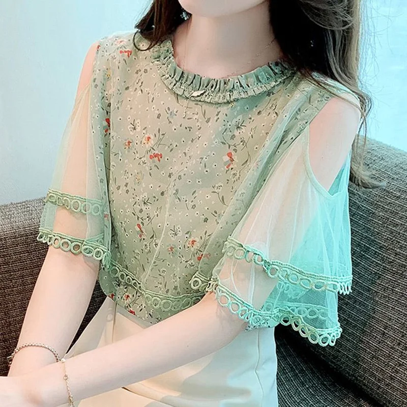 Korte Mouwen Bloemen Chiffon Shirt Tops Zomer Nieuw Net Garen Off Shoulder Print Mode Blouse Temperament Elegante Dameskleding