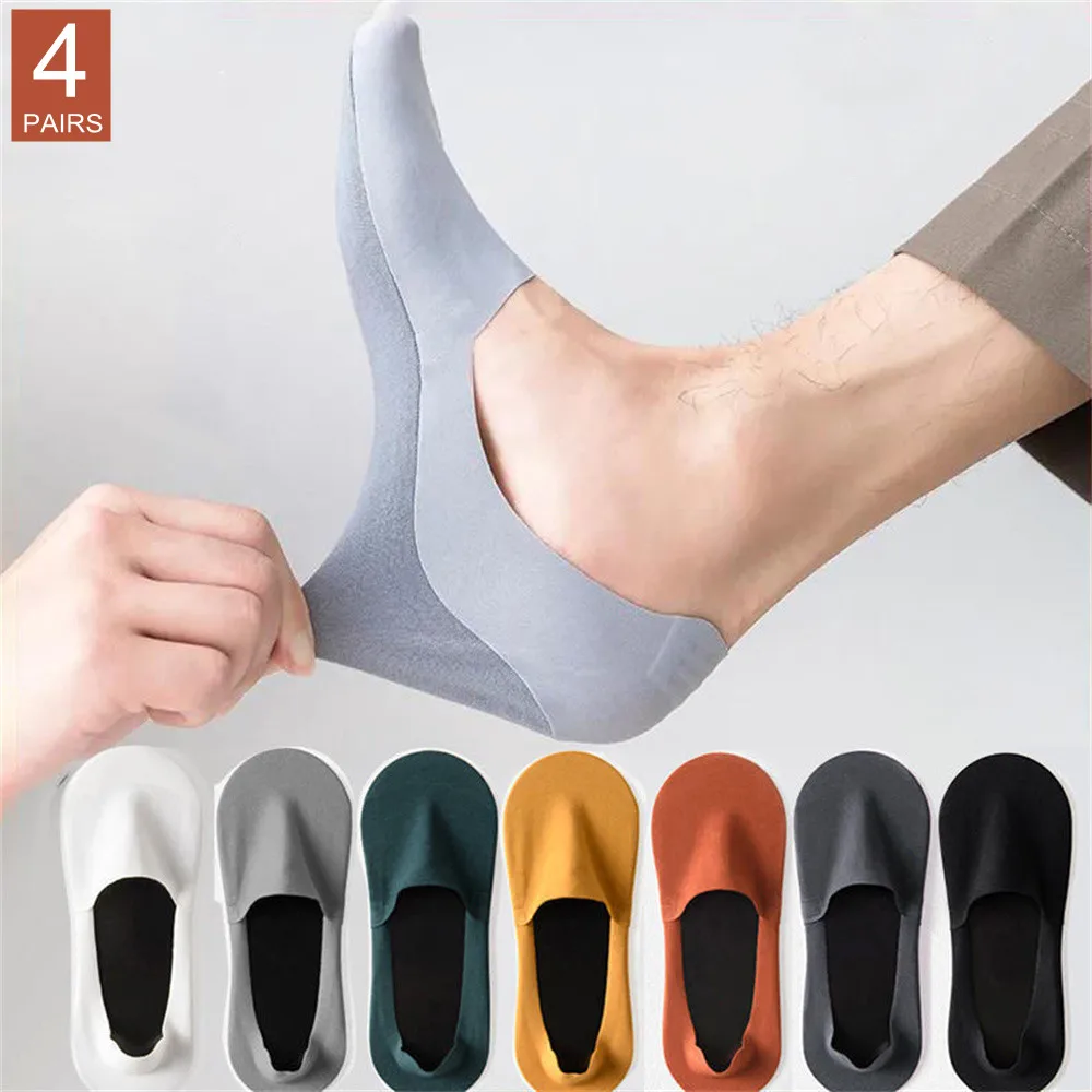 4 Pairs Ice Silk Men Invisible Socks Invisible Nylon Non-slip Socks No Trace Casual Breathable Solid Color Sokken