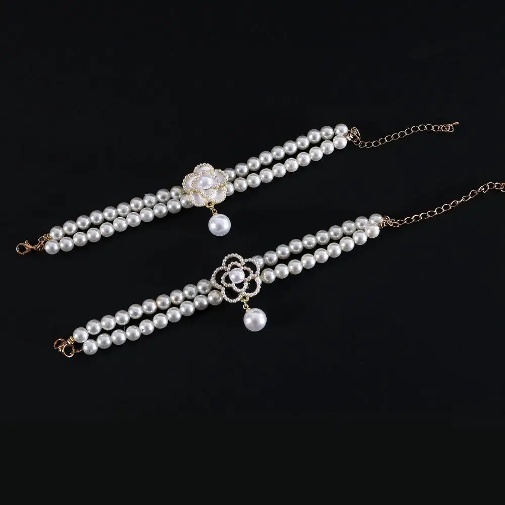 Pet Accessories Double Layer Pearl Pet Necklace Sweet Flower Pendant Cat Neck Chain Adjustable Pet Pearl Collar For Cats Puppy