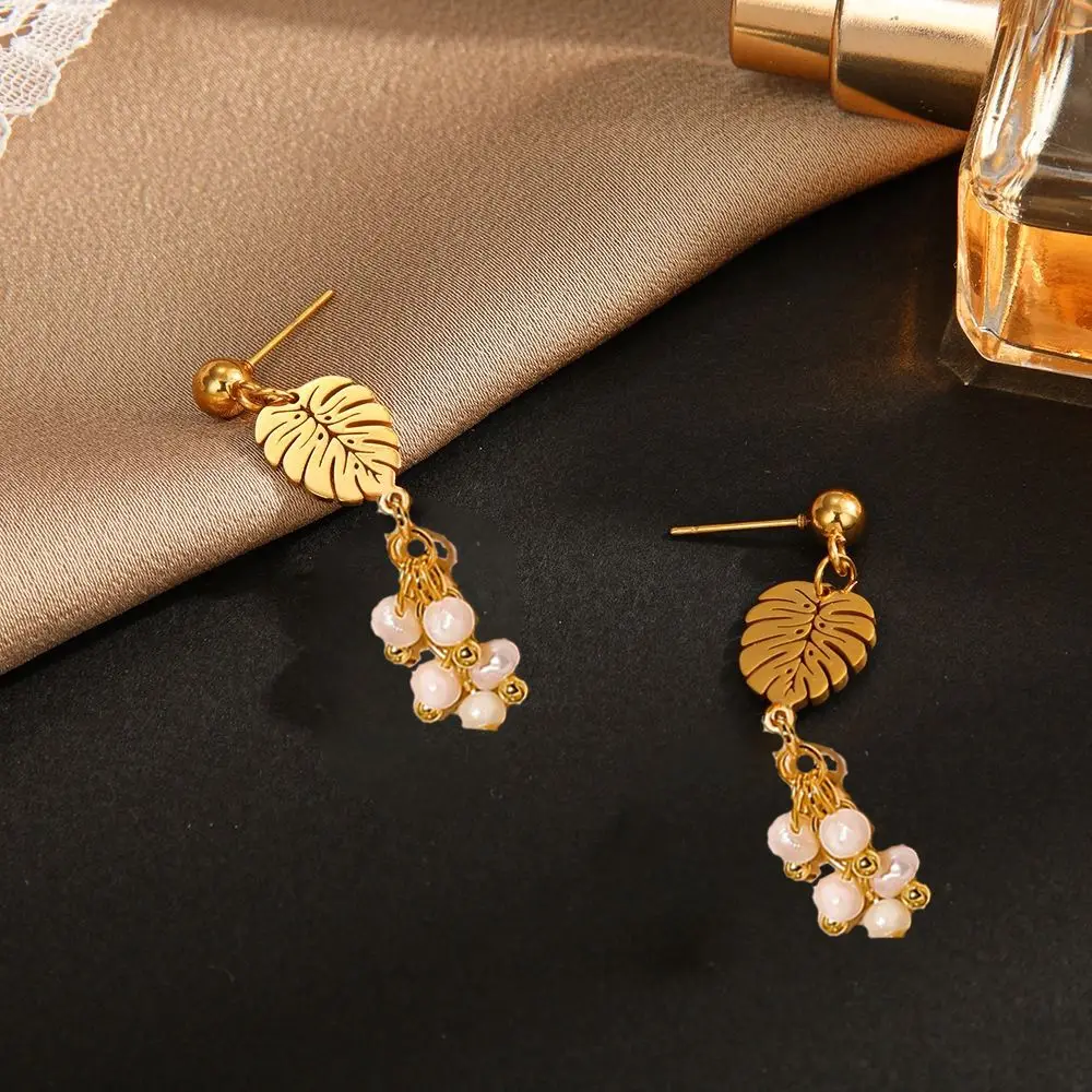 Dainty Elegant Pears Gold Leaf Charm Modern Stainless Steel Drop Earrings Dangle Earrings Casual Foliage Eardrops Women