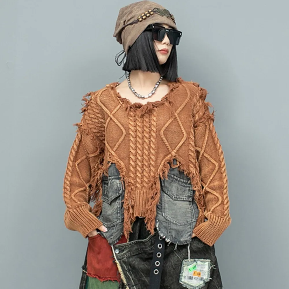 

Fried Dough Twists Wool Splicing Denim Sweater Women 2024 Autumn Winter Cool Pullover Sweater LX2343