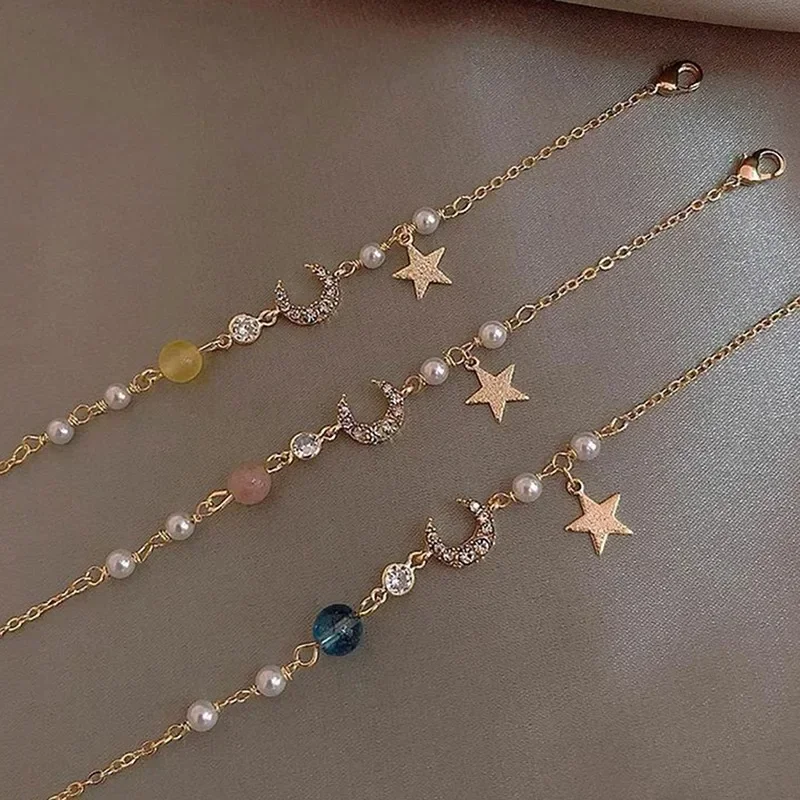 Girls Gold Color Zircon Star Moon Pearl Bracelet Simple Geometric Fashion Women Chain Bracelets Charming Elegant Jewelry Gift