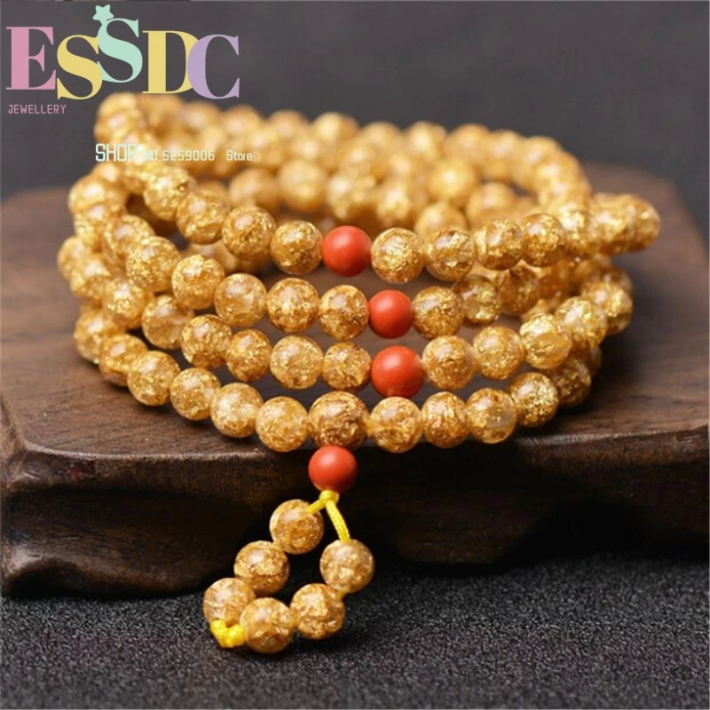 New Design Fashion Gold Foil 108 Mala Prayer Bracelet Cinnabar Spacer DIY Handmade Beads Women Yoga Hand String Wholesale