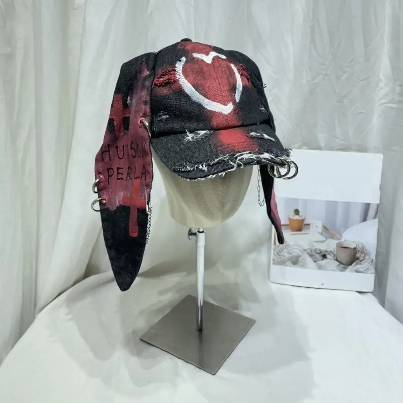 652F Elongated Panel Baseball Cap with Printed Graphics, Distressed Finish and Metal Chain Accents for Expressive Outfits