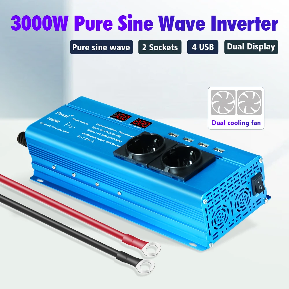 Pure Sine Inverter 12V 220V 3000W 50Hz 60Hz DC to AC Dual EU Socket LED Display USB Fast Charging Car Solar Converter inversor