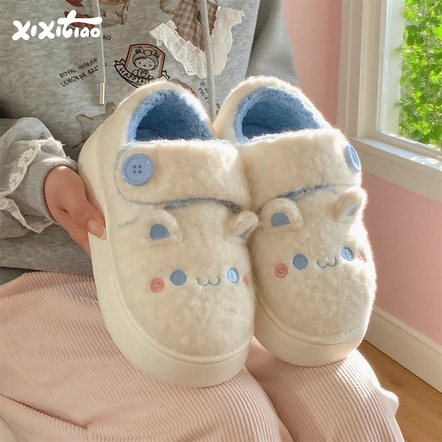 

Cute Thi Boted Fce Lined Bread oe Women's Cotton Slippers Magic Tape Casual oes round Toe Flat Heel EVA Outsole