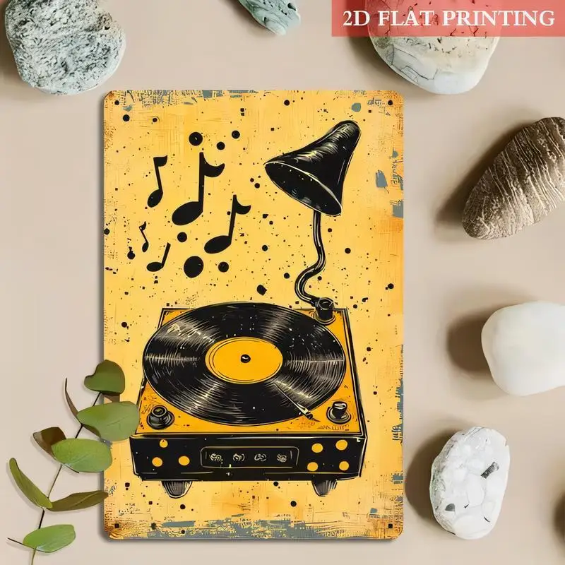 2D Flat Printed Vintage Vinyl Record Player & Music Notes Metal Tin Sign - Yellow Retro Iron Wall Art, Perfect for Home, Bars, C