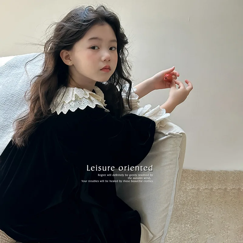 

XED-Children shirt2025 Autumn New French Style Long Sleeve Princess Dress for Girls, Big Kids Baby Girl Doll Collar Velvet Dress