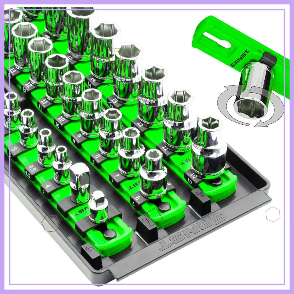 

3-Rail Multi-Drive Socket Holder Tray with Twist-Lock, Green, for SAE and Metric Sets - Made in USA