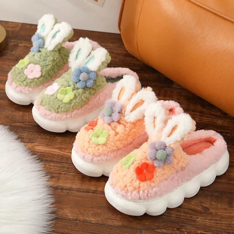 

Spring Winter Slippers Soft Rabbit Cute Warm Home Men Women House Floor Indoor Slides Fur Cross Fat Dudu Shoes Room Flat