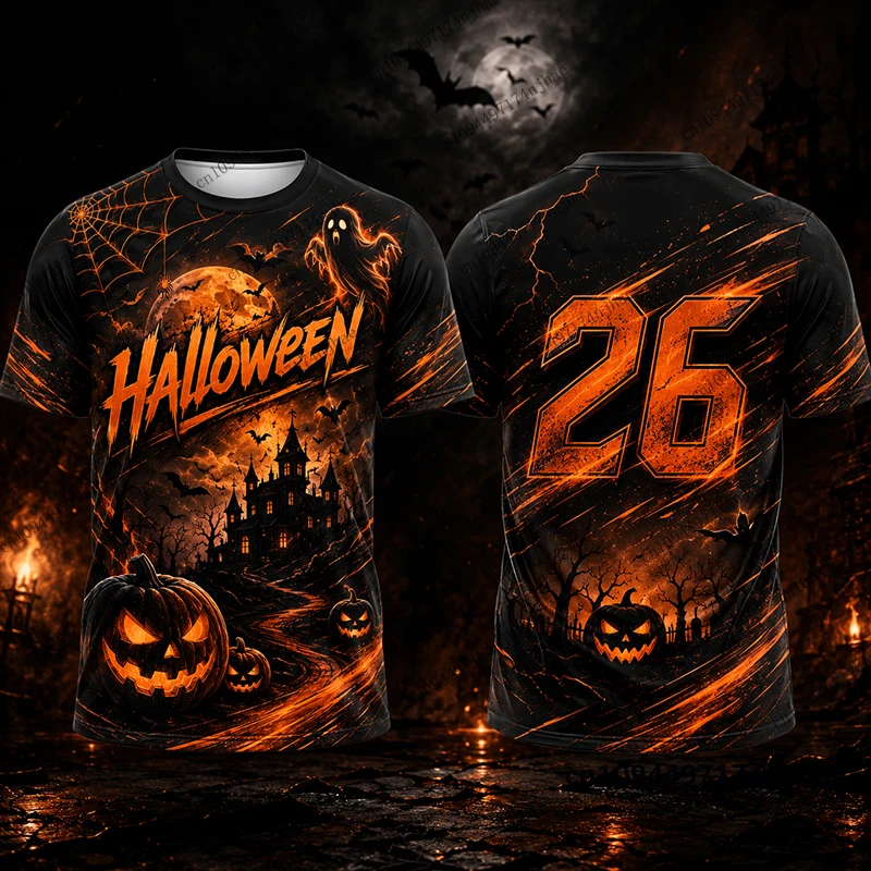2026 Halloween Spooky Pumpkin Print Football Jersey For Men Women T-shirt Summer Sports Parent-child Tees Casual Kids Tops