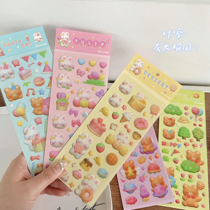 3D Cartoon Bear Rabbit Cute Sticker Kawaii Handbook Mobile Phone Case DIY Bubble Trolley Decorative Sticker Children Stickers