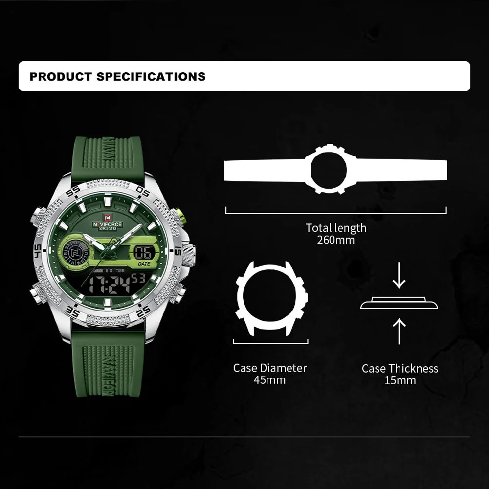 NAVIFORCE Digital Dual Display Men Military Watch Waterproof Wristwatch LED Stopwatch Quartz Clock Sport Watches Silicone Strap