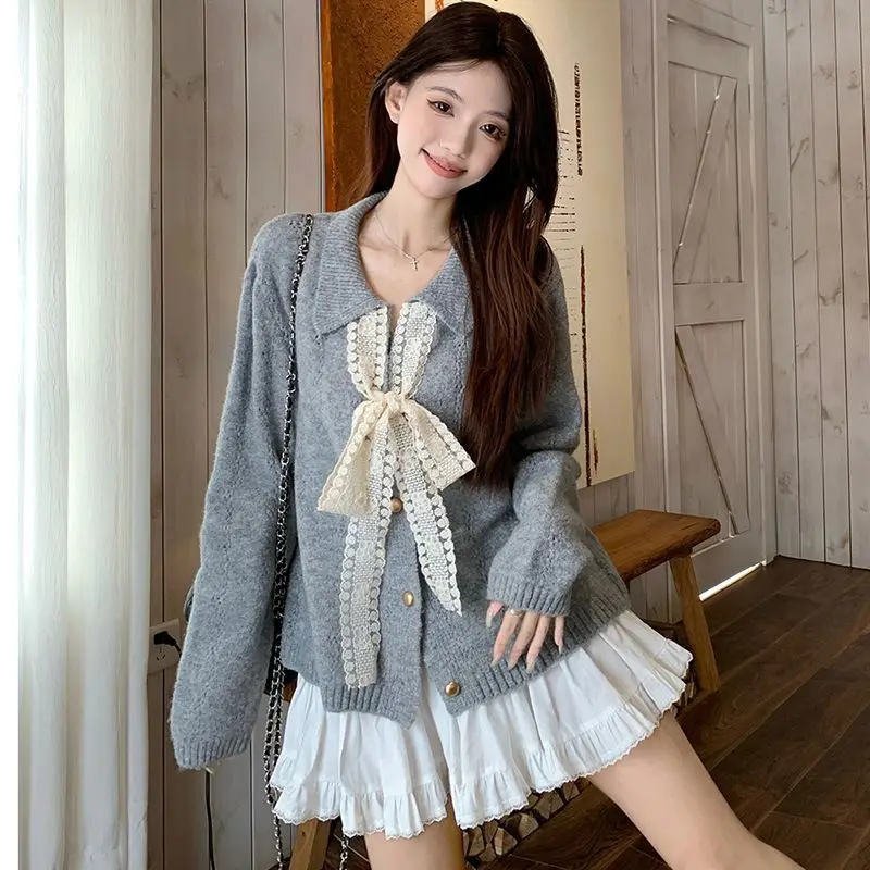 

Korean Fashion Polo Collar Bow Tie Knit Cardigan Women 2025 New Autumn Gentle Temperament and Stylish Female Top Knitwear