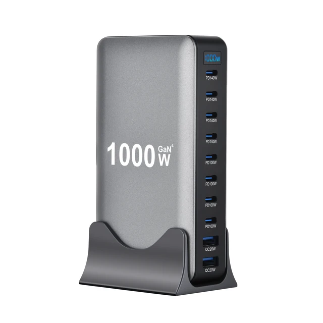 Zasilacz biurkowy GaN 1000W z 10 portami, szybkie ładowanie PD 140W do MacBook Pro i laptopów, 100W do telefonów i tabletów, wieloportowy hub USB.