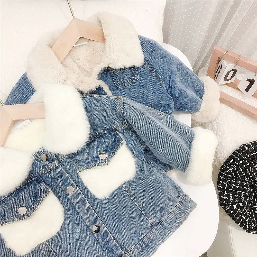 1-7T Toddler Kid Baby Boy Girl Winter Clohtes Plush Warm Infant Denim Jacket Long Sleeve Thick Coat Childrens Outwear Outfit