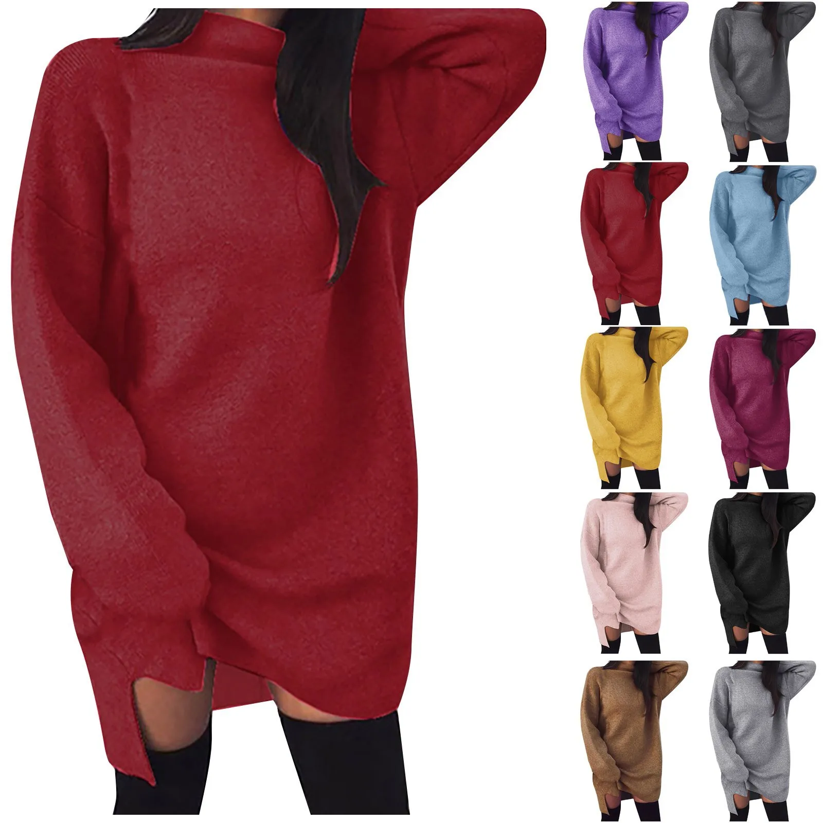 فستان كبير الحجم بنمط كسول النسخة الكورية بلون سادة كاجوال بياقة مدورة وأكمام طويلة للسيدات فستان منسوج ملابس الشارع