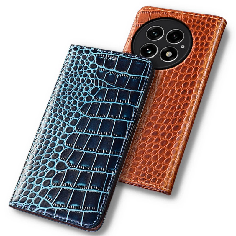 

Flip Case For OnePlus 13 12 12R 11 5G Crocodile Pattern Magnetic Cover Luxury Cowhide Genuine Leather Card Pocket Wallet Covers