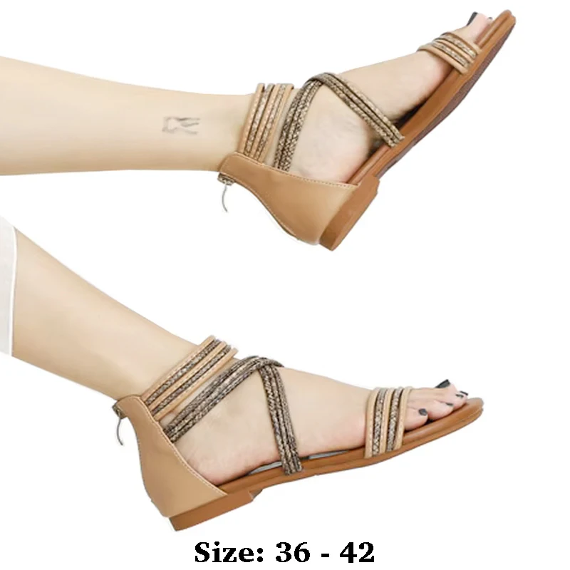 

High quality striped leather flat sandals for women zipper summer 2025 size 36 42 open toe casual beach shoe black khaki brown
