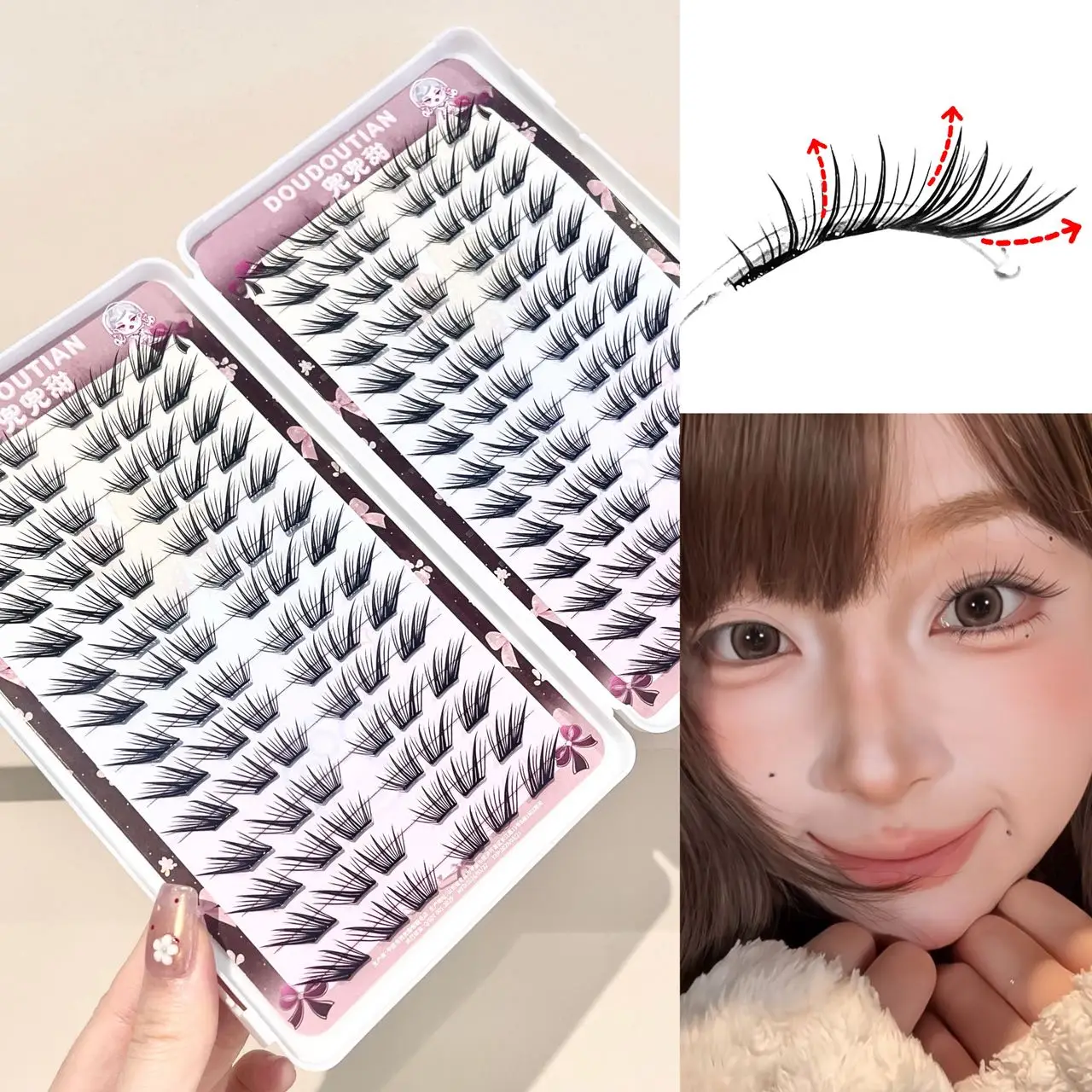 Doudoutian Klebefreie, dünne Fox Upturn Slanted Lash Wimpernbücher mit transparentem, dünnem Band, leichte, ausgestellte Wimpernbüschel für den Augenlifting-Effekt, tägliches und Party-Make-up – Detail 1