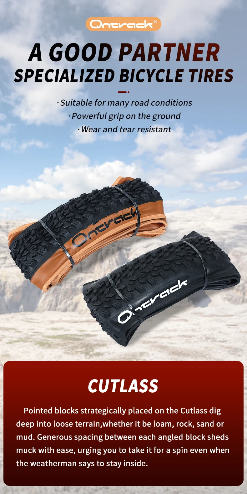 ONTRACK-Pneu Pliable MTB 1/26/27/29x2.10, Cutlass 30TPI, Marron, Mural, Peau