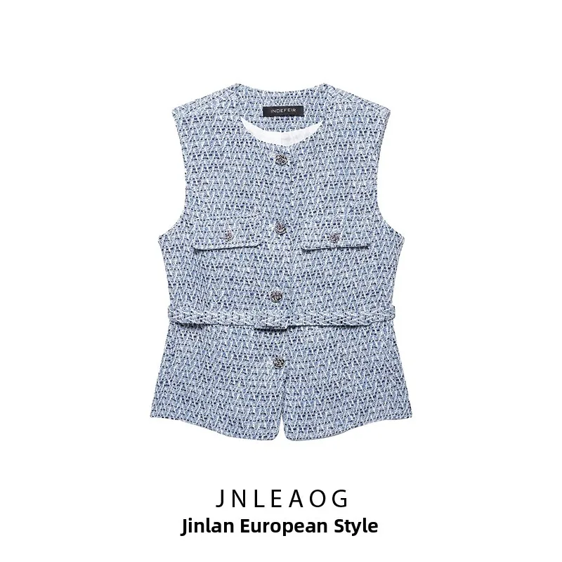 

JNLEAOG Spring New Women's Faion Design Texture Vest Belt Straight Cut Svel round Ne Thin Polyester Skin-Friendly B...