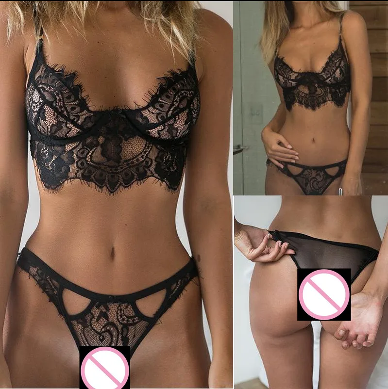 

SKMY Sexy Lingerie Women Clothing Hollow Out Lace Transparent Underwear Brief Sets Two Pieces Tight-Fitting Bra And Panty Sets