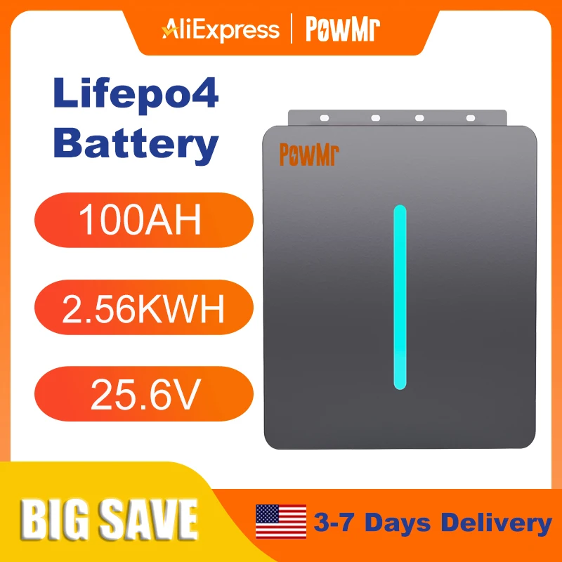 PowMr 100AH Lifepo4 Battery 24V Battery Packs Solar Lithium Battery 2.56KWH Rechargeable BMS Grade A 6000+ Cycle Parallel Up to 8 Units