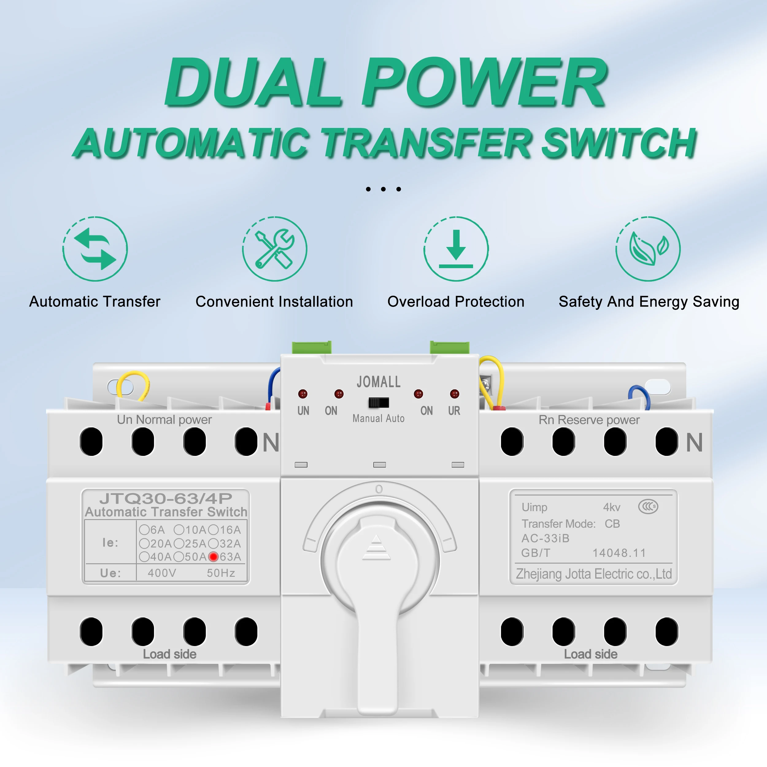 Imagem -02 - Mini tipo Interruptor de Transferência Automática do Ats Mudança sobre o Interruptor 220v 380v Pólo Frequência Avaliado 50hz 60hz 63a Novo