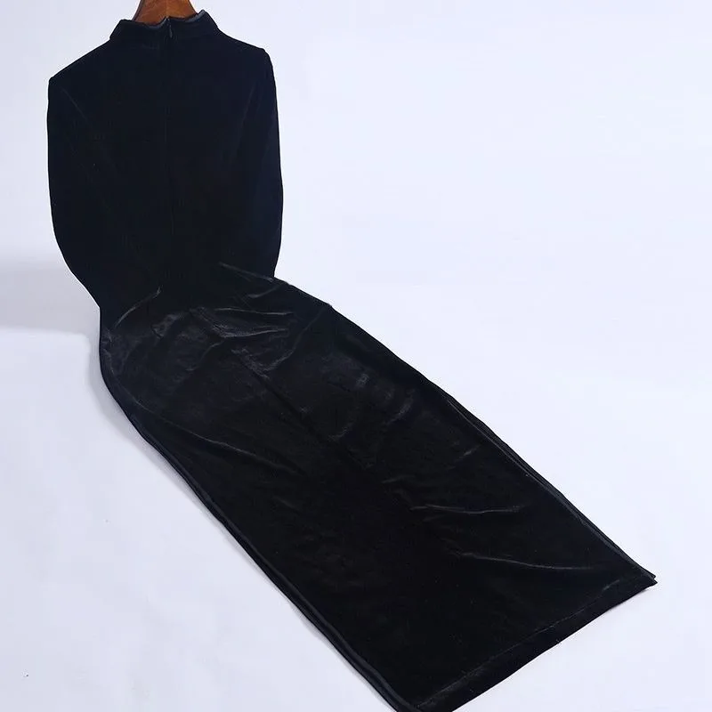 Dress Women Retro Chinese Style Elegant Ladies Leisure Slim Femme All-match Temperament Solid Vestidos Side-slit Vintage Velvet
