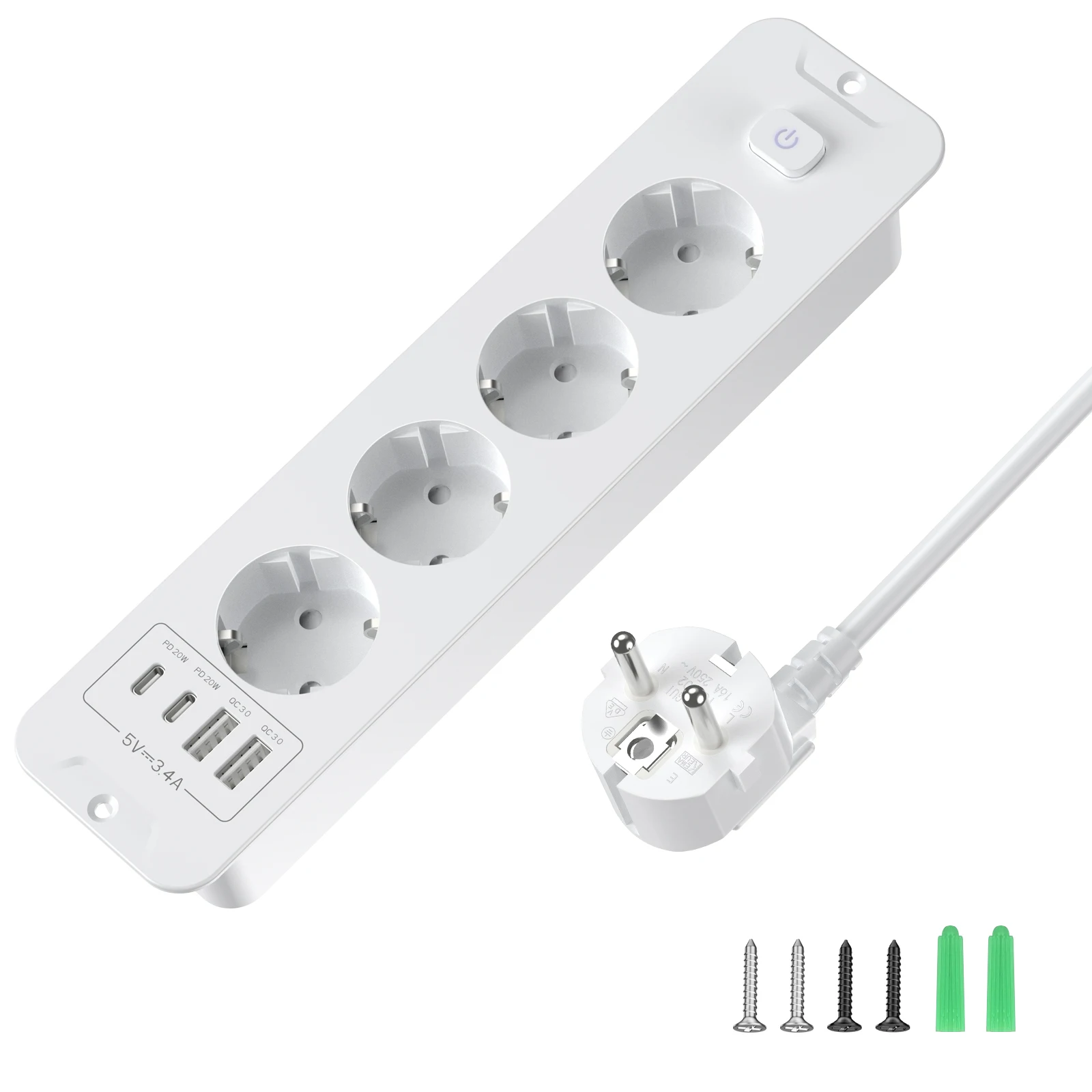 EU plug desktop built-in power strip socket with 4 AC power sockets 2 USB and 2 Type-C, master control switch 2m extension cable