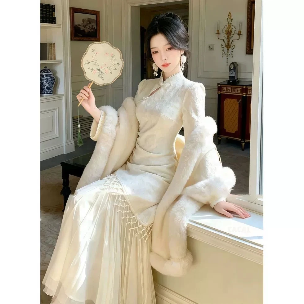 

2026 женский винтажный комбинезон Cheongsam с длинными рукавами и вышивкой на талии, длинная юбка