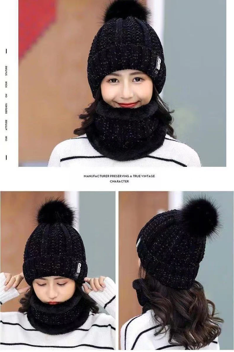 Topi rajut wanita, musim dingin rajutan syal topi Set wanita tebal hangat tengkorak topi beanie bersepeda luar ruangan berkendara Ski topi tabung syal cincin