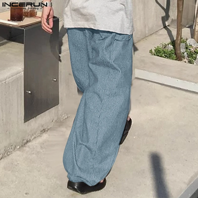 INCERUN Men Pants Striped Drawstring Joggers Loose Casual Trousers Men Streetwear 2025 Oversize Fashion Leisure Wide Leg Pants