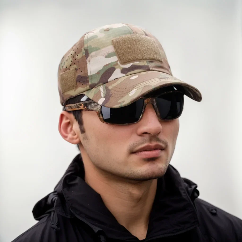 Camouflage Tactical Baseball Cap Velcro Patch Glasses Hole Men Outdoor Sports Hiking Fishing Hunting Summer Sun Visor Hat view 3