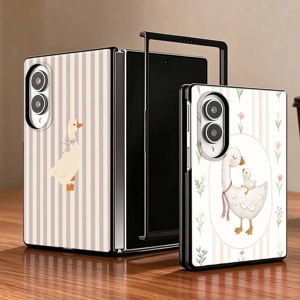 Cartoon White Duck Stripe Style PC Foldable Hard Phone Case For Samsung Galaxy Z Fold 8 5G Non-slip Shockproof Black Shell