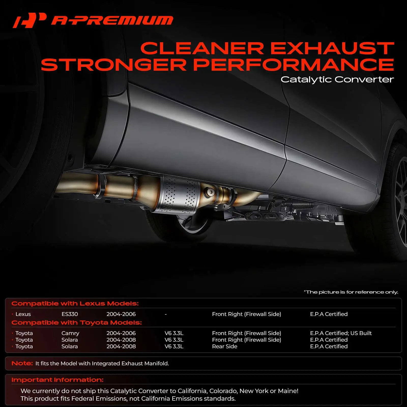 A-Premium Front Right or Rear Catalytic Converter for Toyota Camry 2004-2006 Solara 2004-2008 Lexus ES330 2004-2006