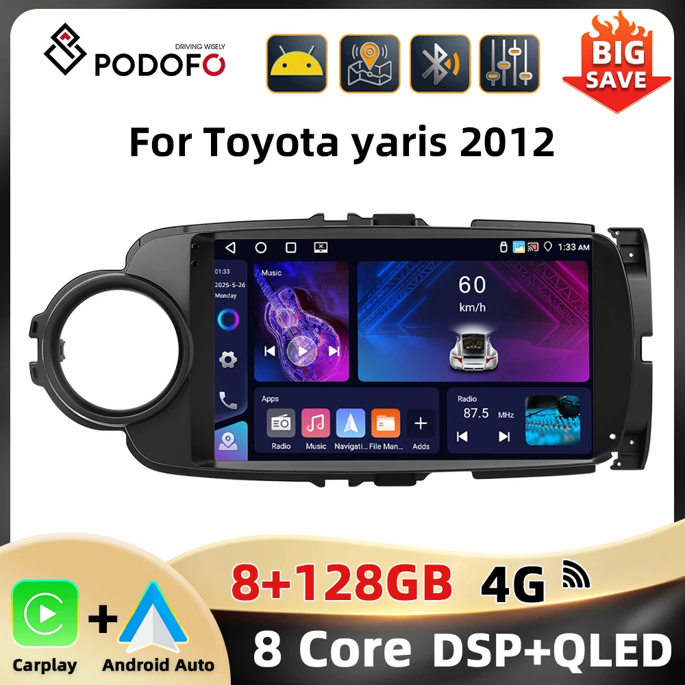 Podofo 2Din AI Voce Audio Per Auto Per Toyota Yaris 2012 Lettore Multimediale Qualcomm Carplay Android Auto WIFI 4G GPS RDS Auto Stereo