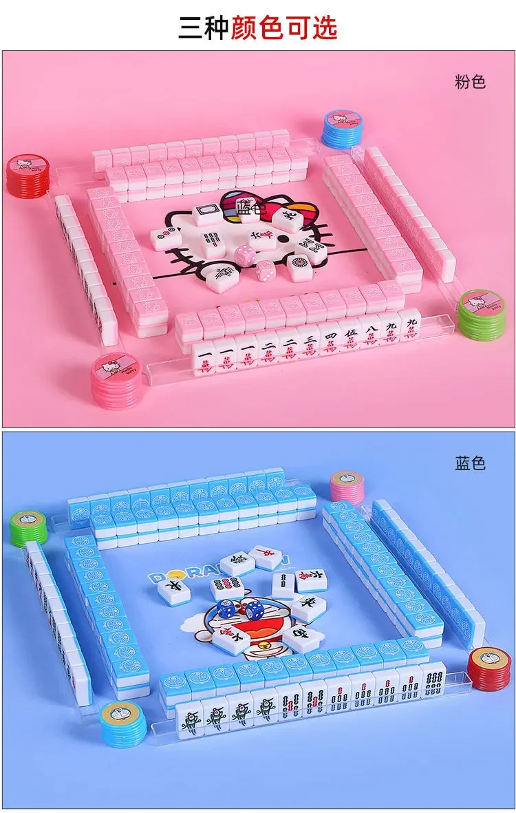 24mm Mini Pepa Pig Sanrio Hello Kitty Mahjong Board Game Set Entertainment Playing Cards Portable Pink Blue Mahjong Gioco Toys