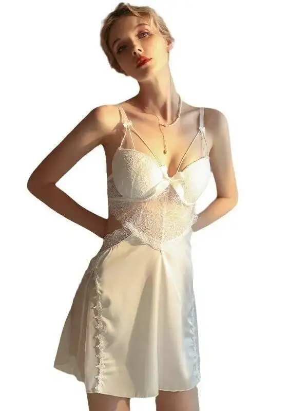 فستان نسائي بحزام صدر من الحرير الجليدي رفيع ومثير بحزام من الدانتيل بدون ظهر عميق على شكل حرف V بدون أكمام بلون سادة أنيق XHSS #6