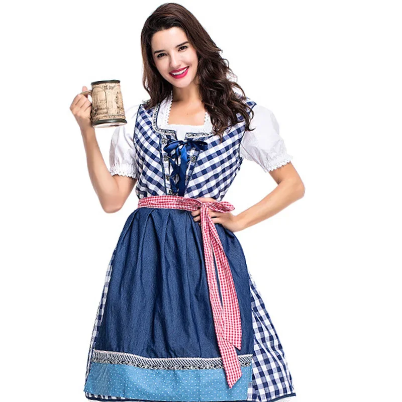 Damski strój Oktoberfest niemcy Bavaria Dirndl niebieski fartuch sukienka w kratę zestaw impreza z piwem przebranie