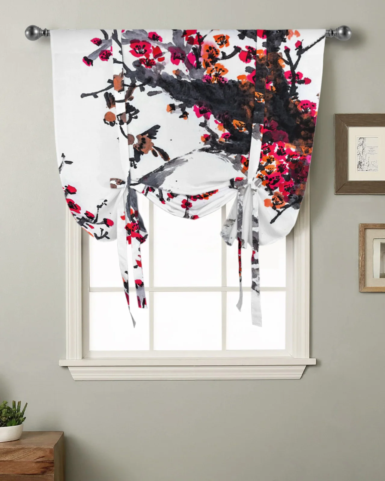 Ink Painting Sparrow Plum Blossom Flower Curtain for Living Room Kitchen Tie-up Short Curtains Adjustable Rod Pocket Drapes