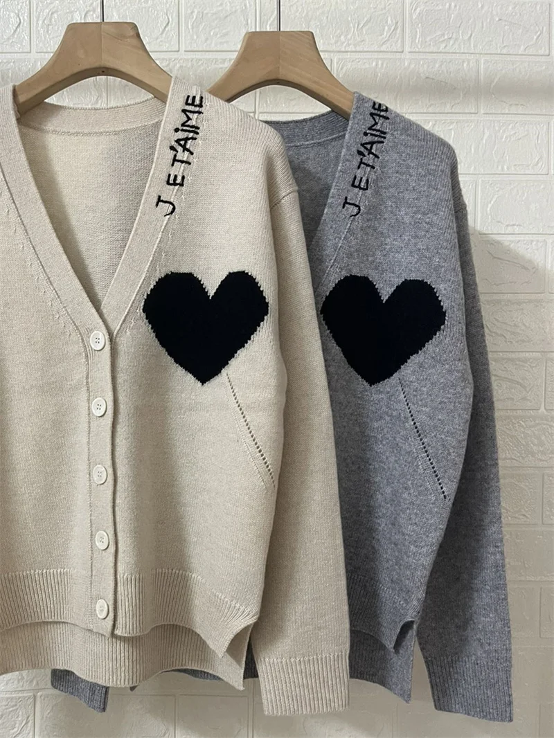 Cashmere Women Front Short and Back Long Sweater Coat Heart Shaped Letter Jacquard Single Breasted Lady 2 Colors Cardigan