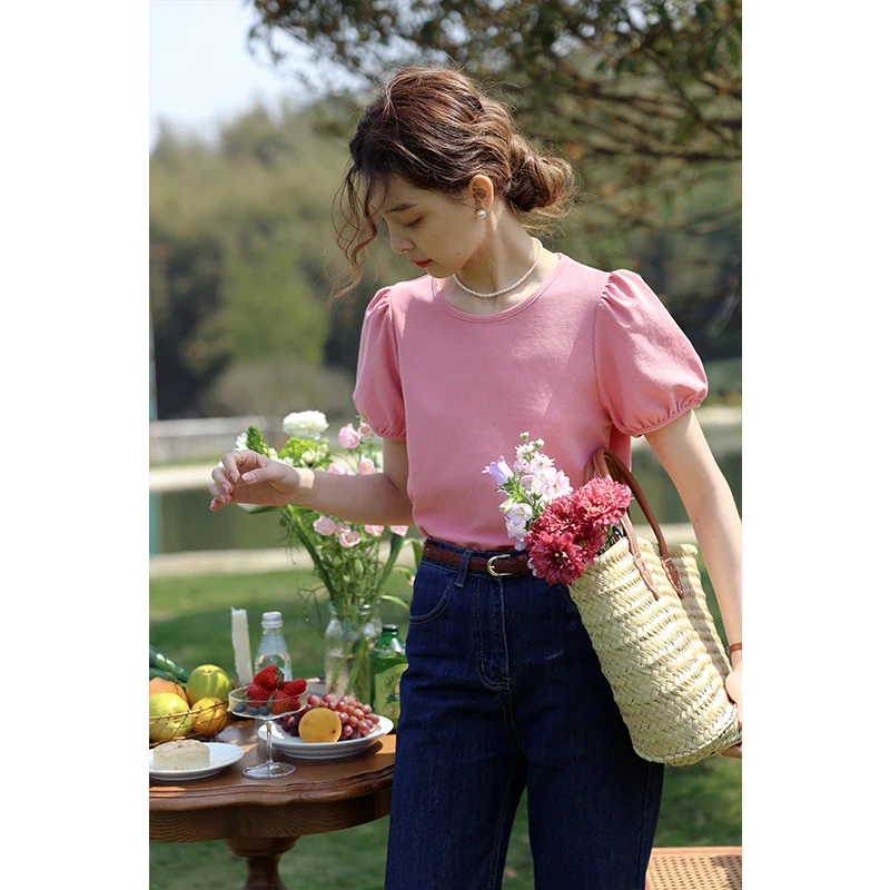 

New Summer Pink round Neck Short Sleeve T-Shirt Women's Thin Versatile Bubble Sleeve Basic Shoulder French Style Cotton Top