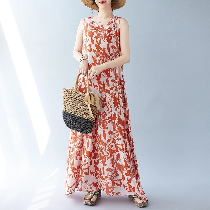 Robe longue bohème pour femmes, grande taille, col rond, imprimé fibre, robe éducative, nouvelle collection été, A438